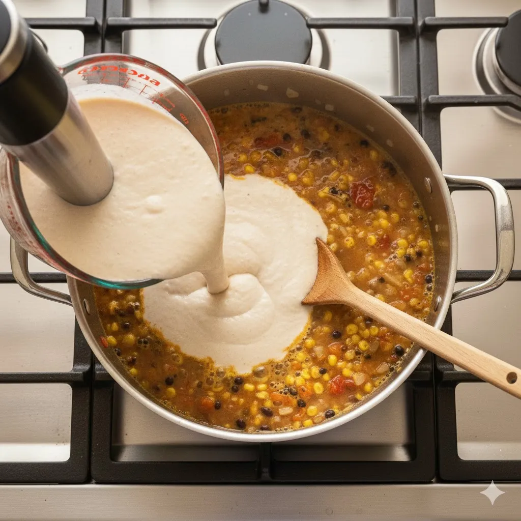 Pureeing white beans in a food processor to thicken soup