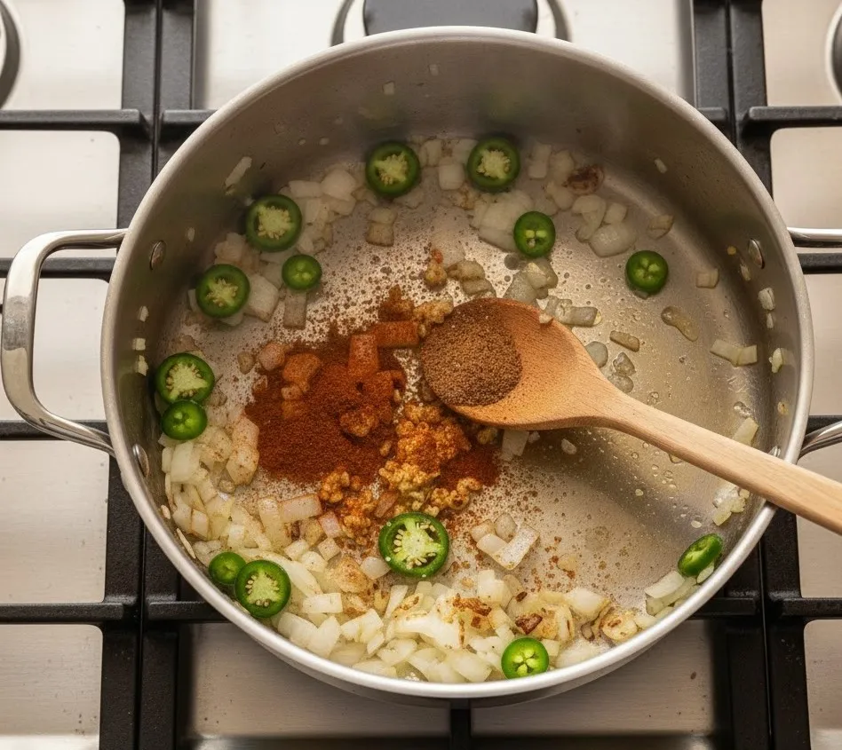 Spices being added to sautéed vegetables in a pot