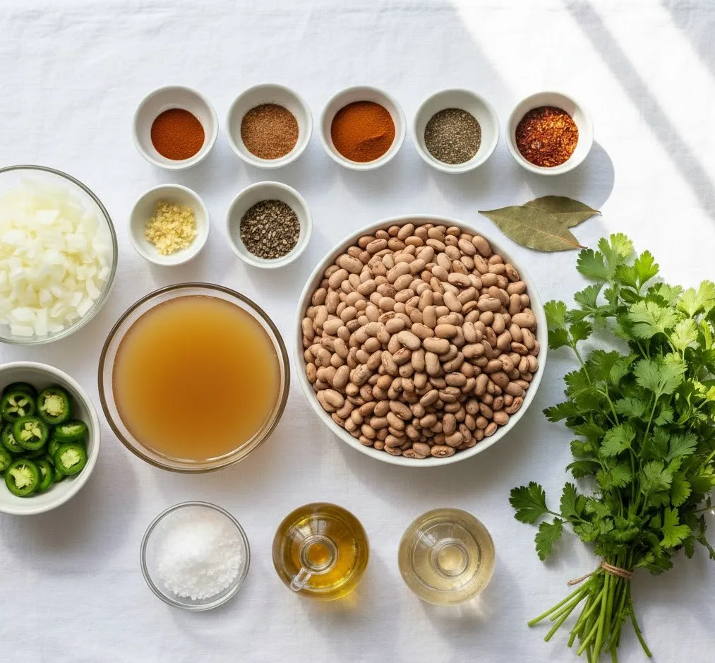 Ingredients for Bojangles pinto beans recipe including pinto beans, spices, onion, garlic, and broth