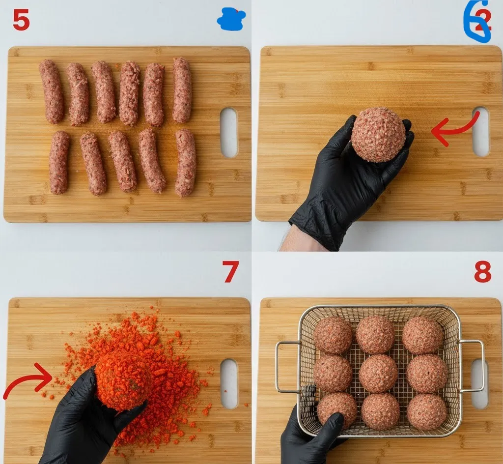 Setting up breading station with whisked eggs, flour, and crushed Hot Cheetos for coating boudin balls