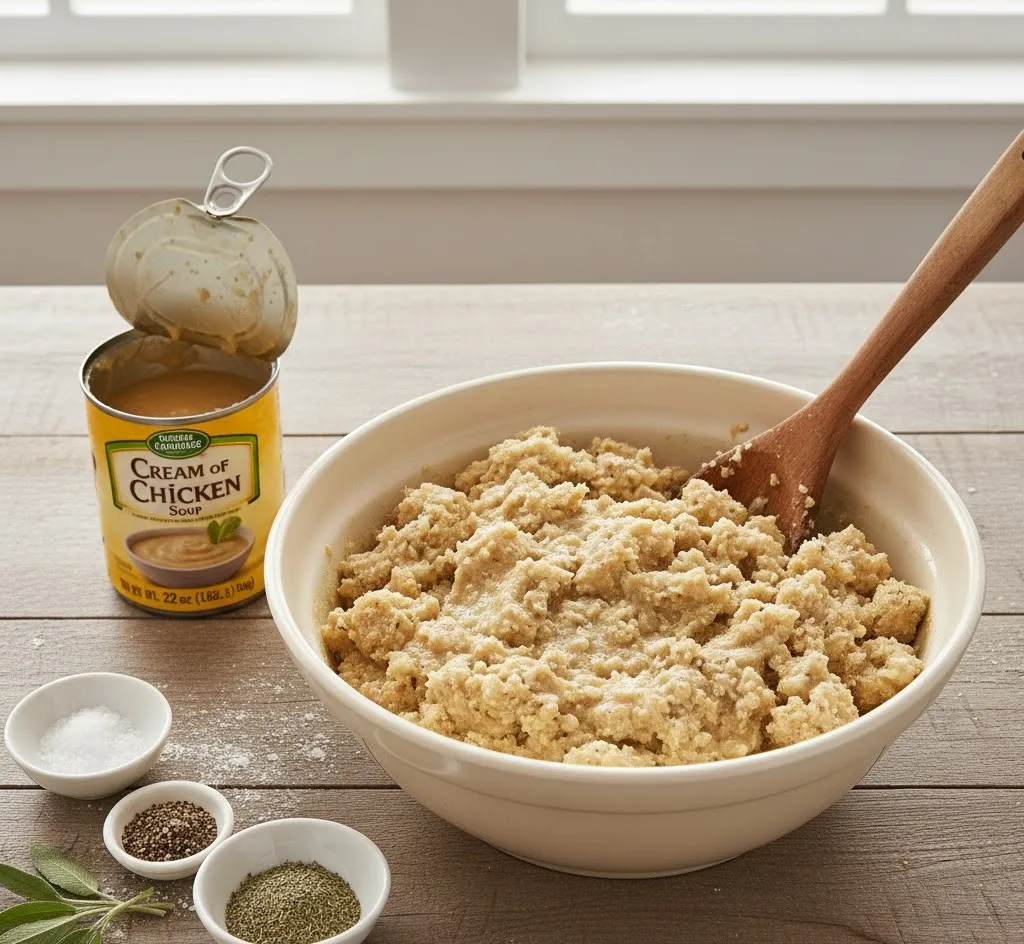 Adding cream of chicken soup and seasoning to cornbread dressing mixture