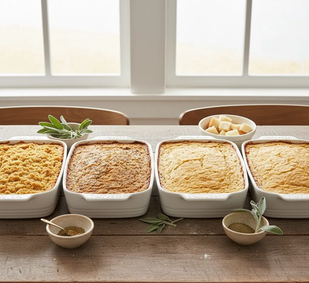 Variations of Brenda Gantt cornbread dressing with different bread, broth, and seasoning options