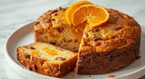 Brenda Gantt Orange Slice Cake topped with sweet orange glaze and pecans on a rustic kitchen table.