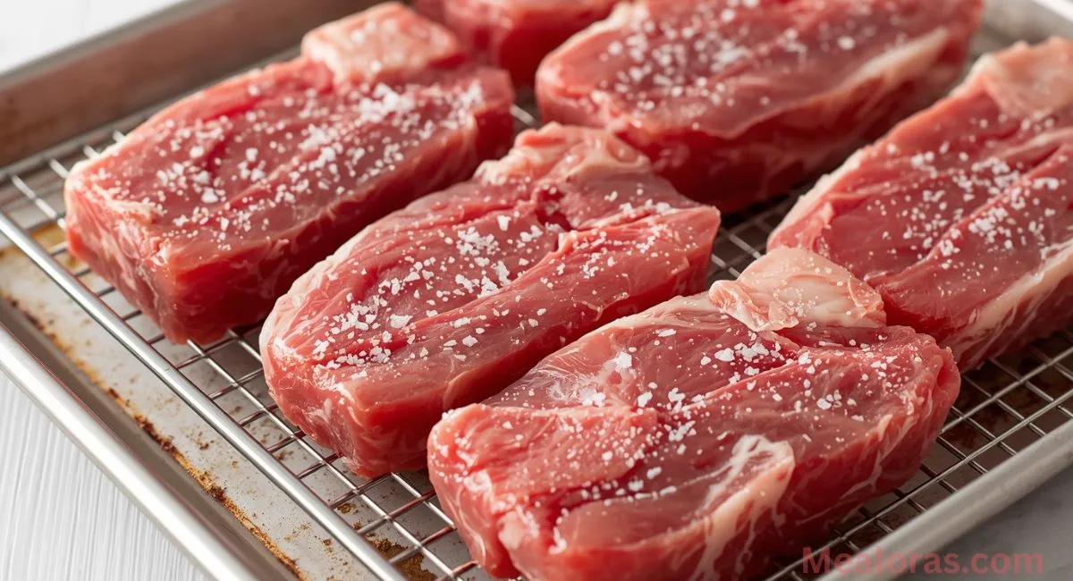 Tenderloin filets sprinkled with kosher salt and placed on a wire rack for brining