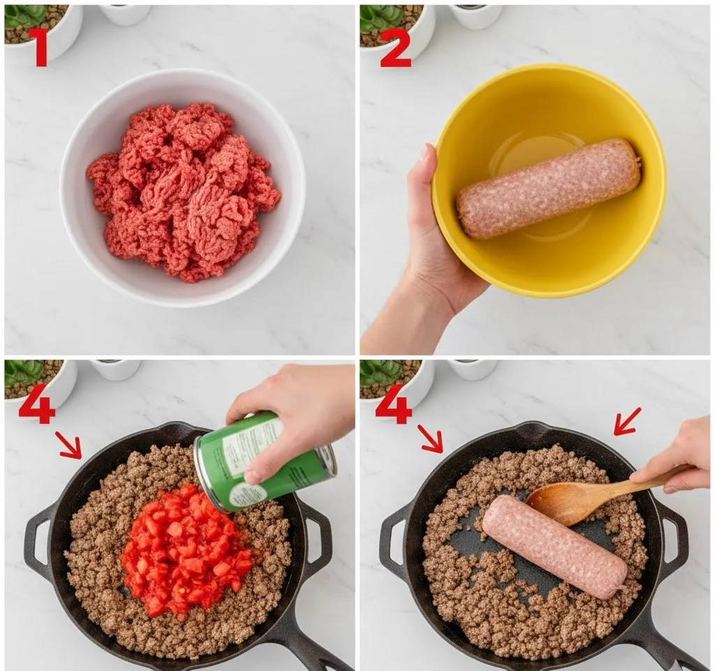 Browning ground beef in a large pot for Pepper Belly Pete Chili