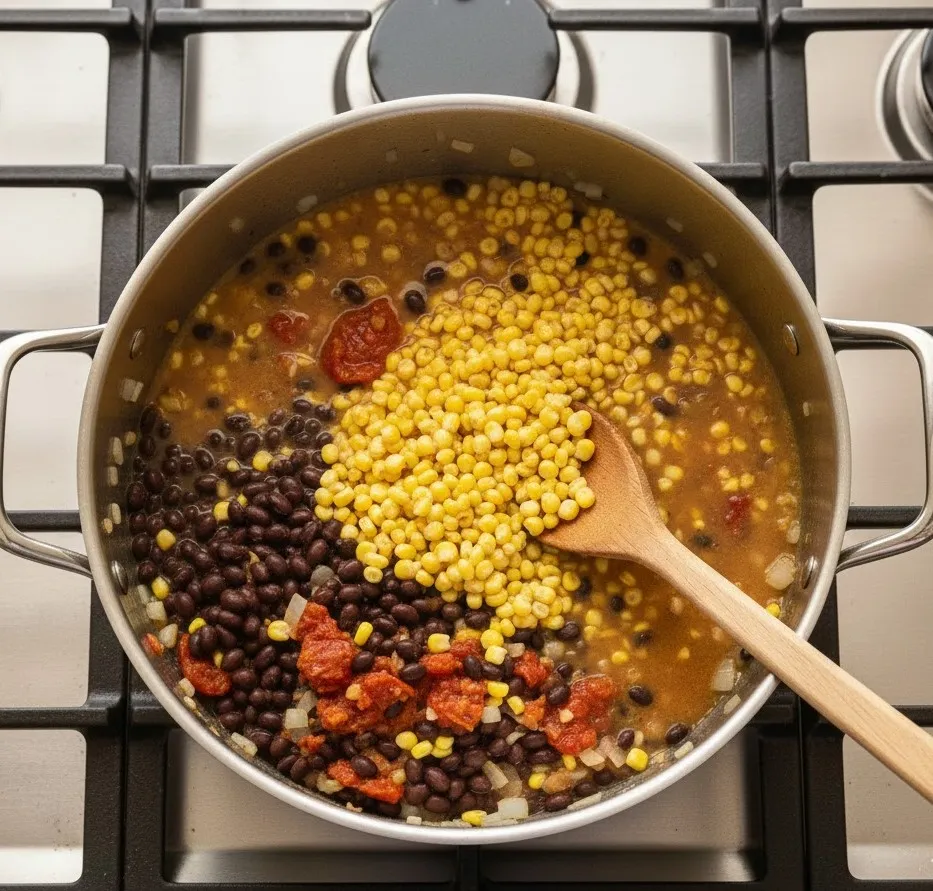Adding black beans, corn, tomatoes, and chicken stock to the pot
