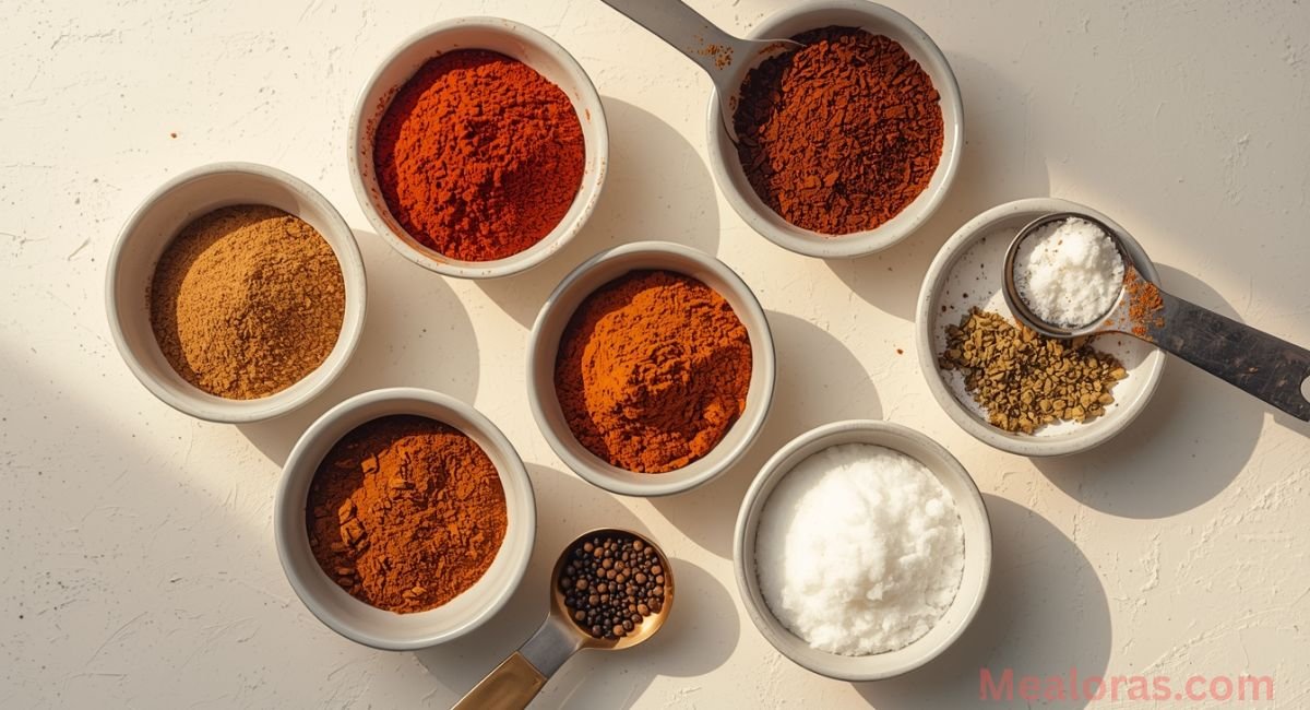 Chili seasoning ingredients measured and arranged in small bowls on a wooden surface