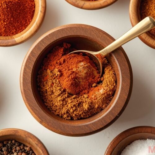 Freshly mixed homemade chili seasoning in a wooden bowl with a spoon