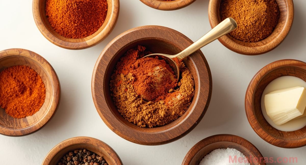 Freshly mixed homemade chili seasoning in a wooden bowl with a spoon