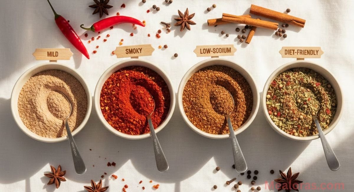 Five bowls showing different chili seasoning variations including mild, spicy, smoky, low-sodium, and diet-friendly, arranged on a wooden surface with scattered spices