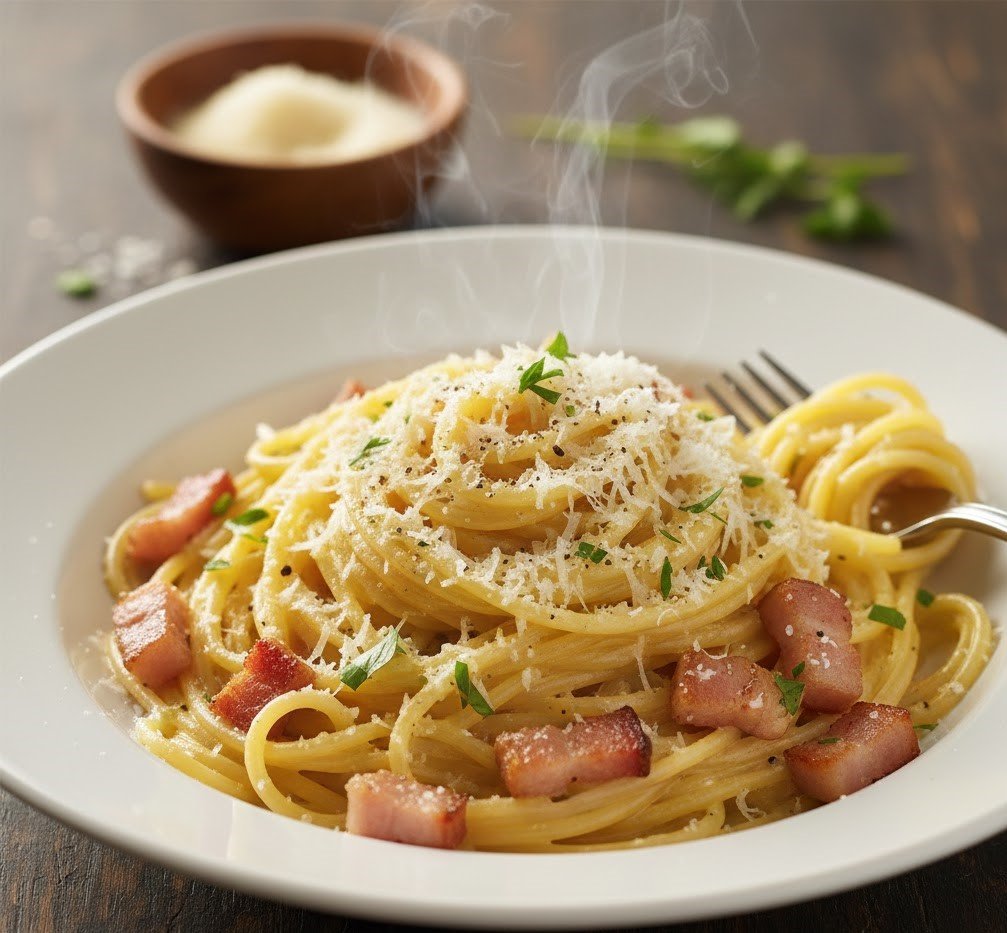 Creamy spaghetti carbonara made with eggs, Parmesan, garlic, and crispy pancetta