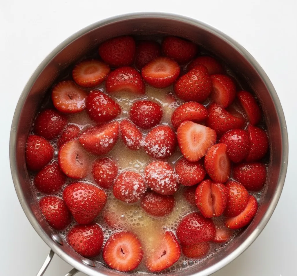 Sliced strawberries, sugar, and lemon juice in a medium saucepan ready to cook, stirring occasionally