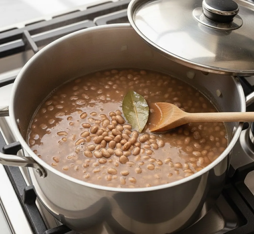 Simmering pinto beans in broth with bay leaf for copycat Bojangles recipe