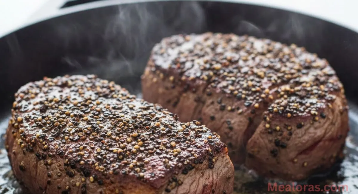 Peppercorn-crusted tenderloin filets searing in a hot skillet with olive oil
