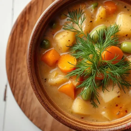 creamy Czech Vomacka soup with potatoes, carrots, green beans, and fresh dill in a rustic bowl on a wooden table