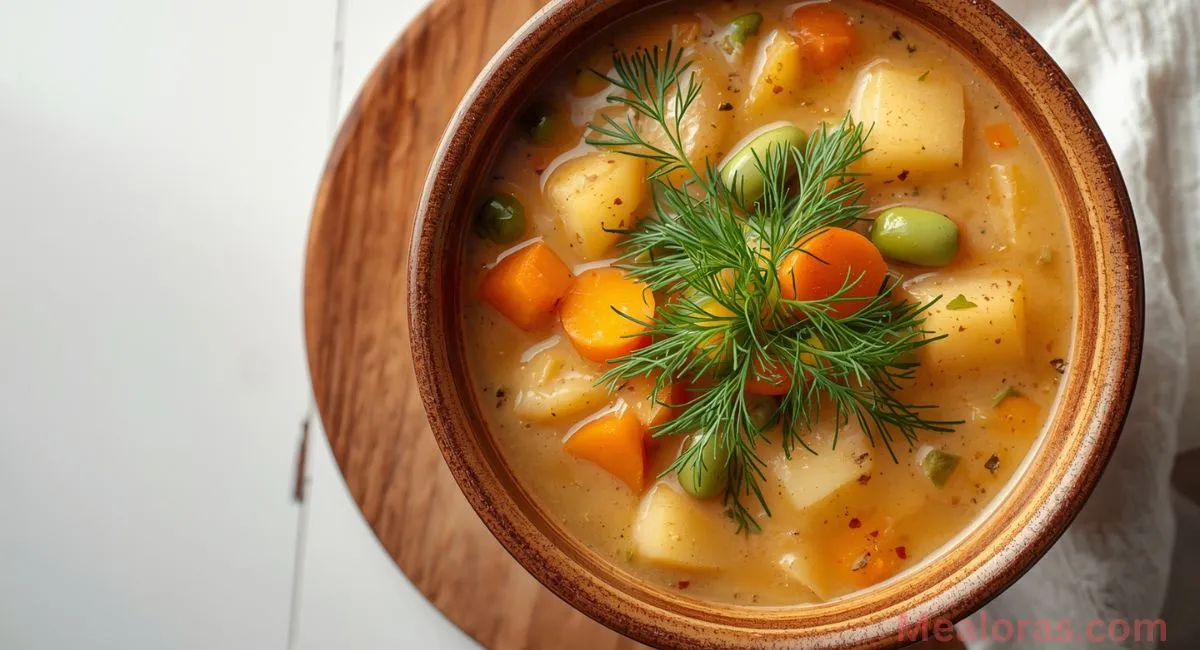creamy Czech Vomacka soup with potatoes, carrots, green beans, and fresh dill in a rustic bowl on a wooden table