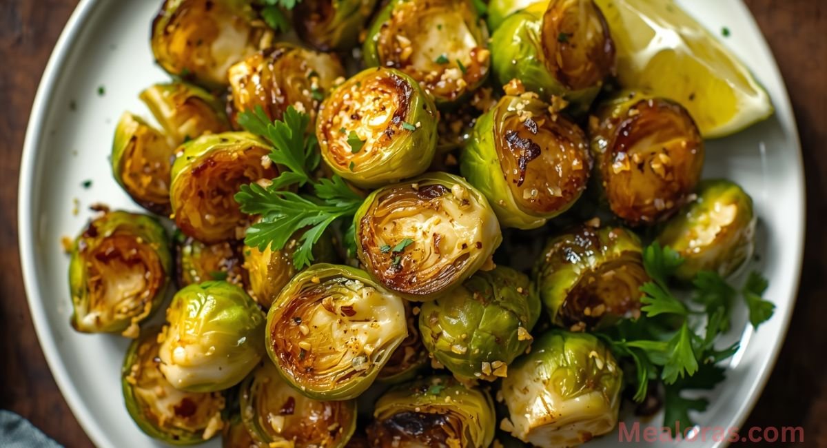 Crispy Yard House Brussels Sprouts served on a white plate with golden caramelized edges