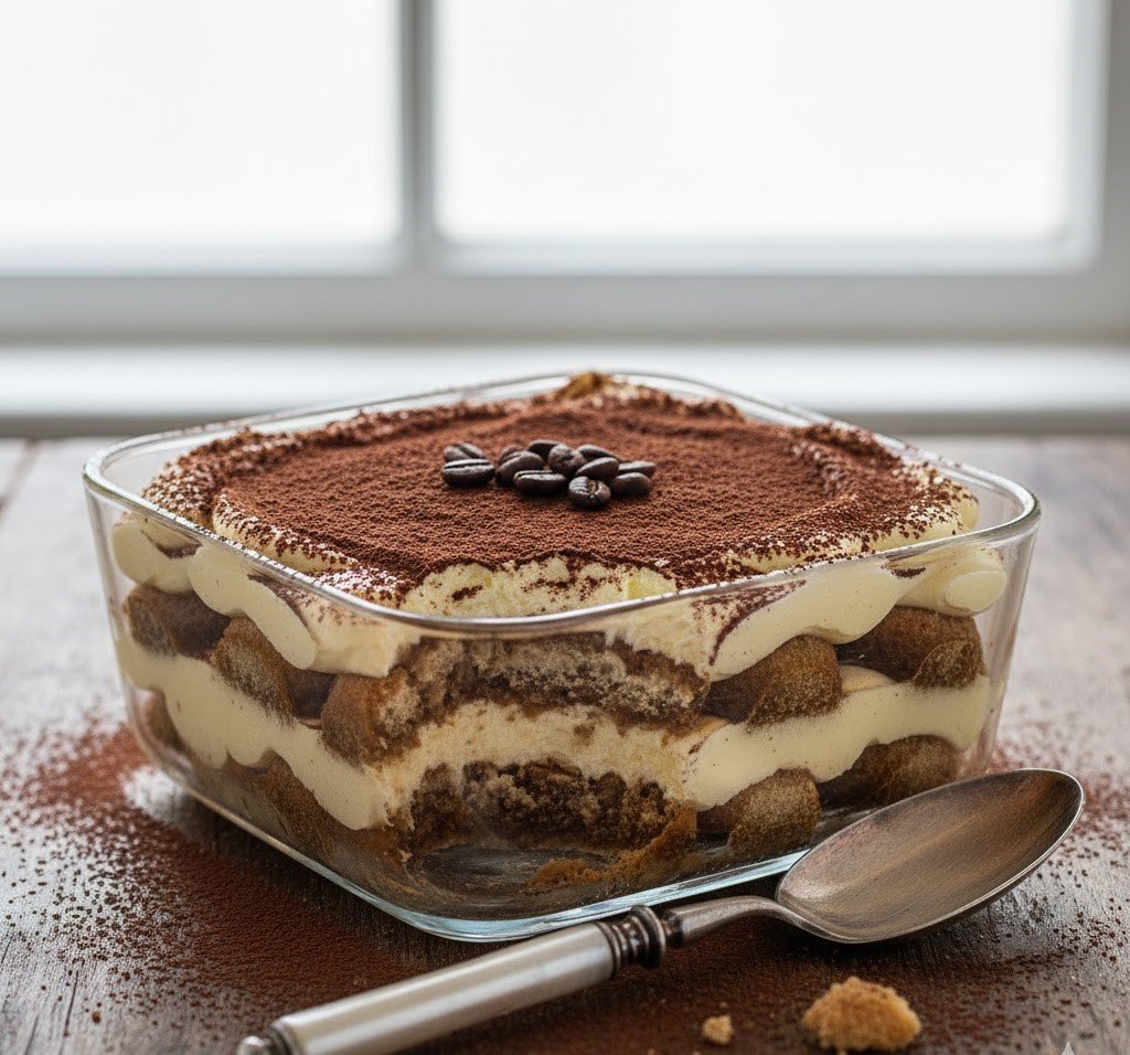 easy desserts: chocolate lava cake, mini cheesecakes with berries, lemon bars dusted with sugar, and classic tiramisu layered with cocoa