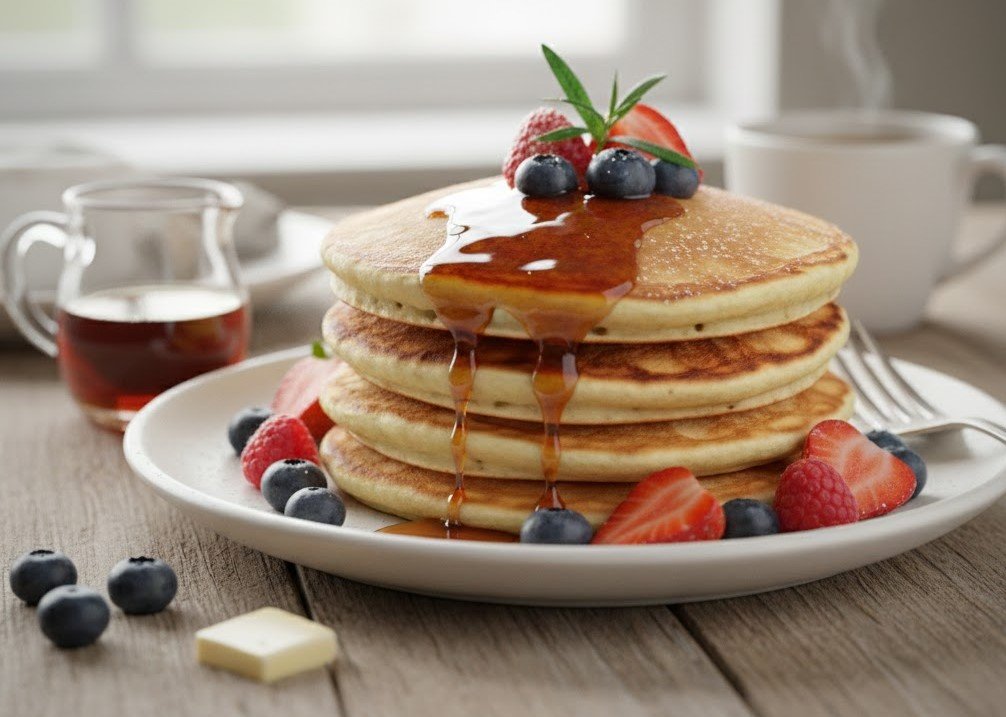 Stack of fluffy buttermilk pancakes served with maple syrup and fresh berries