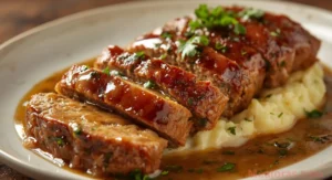 garlic Parmesan chicken meatloaf with crispy crust, sliced and served on a wooden cutting board, juicy and tender inside