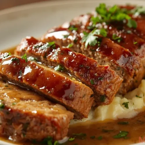 garlic Parmesan chicken meatloaf with crispy crust, sliced and served on a wooden cutting board, juicy and tender inside