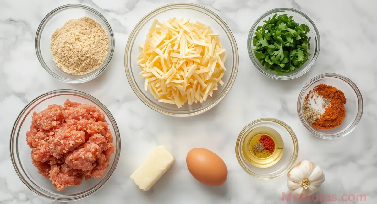 Ingredients for garlic Parmesan chicken meatloaf including ground chicken, Parmesan cheese, panko breadcrumbs, eggs, garlic, butter, herbs, and milk arranged on a wooden kitchen surface