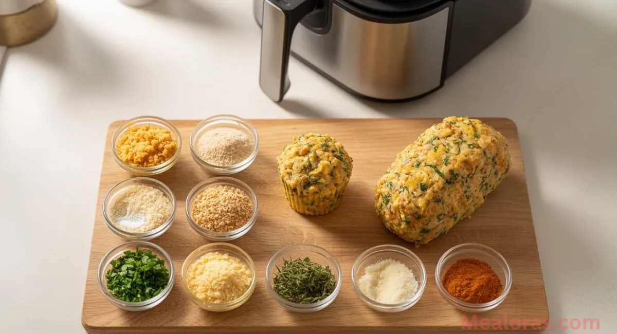 Ingredients and options for garlic parmesan chicken meatloaf variations, including low-carb, gluten-free, dairy-free, and air fryer alternatives