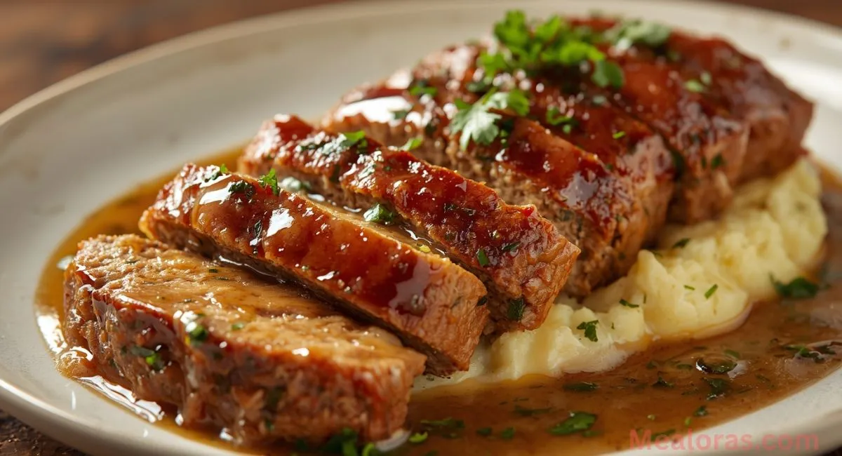 garlic Parmesan chicken meatloaf with crispy crust, sliced and served on a wooden cutting board, juicy and tender inside