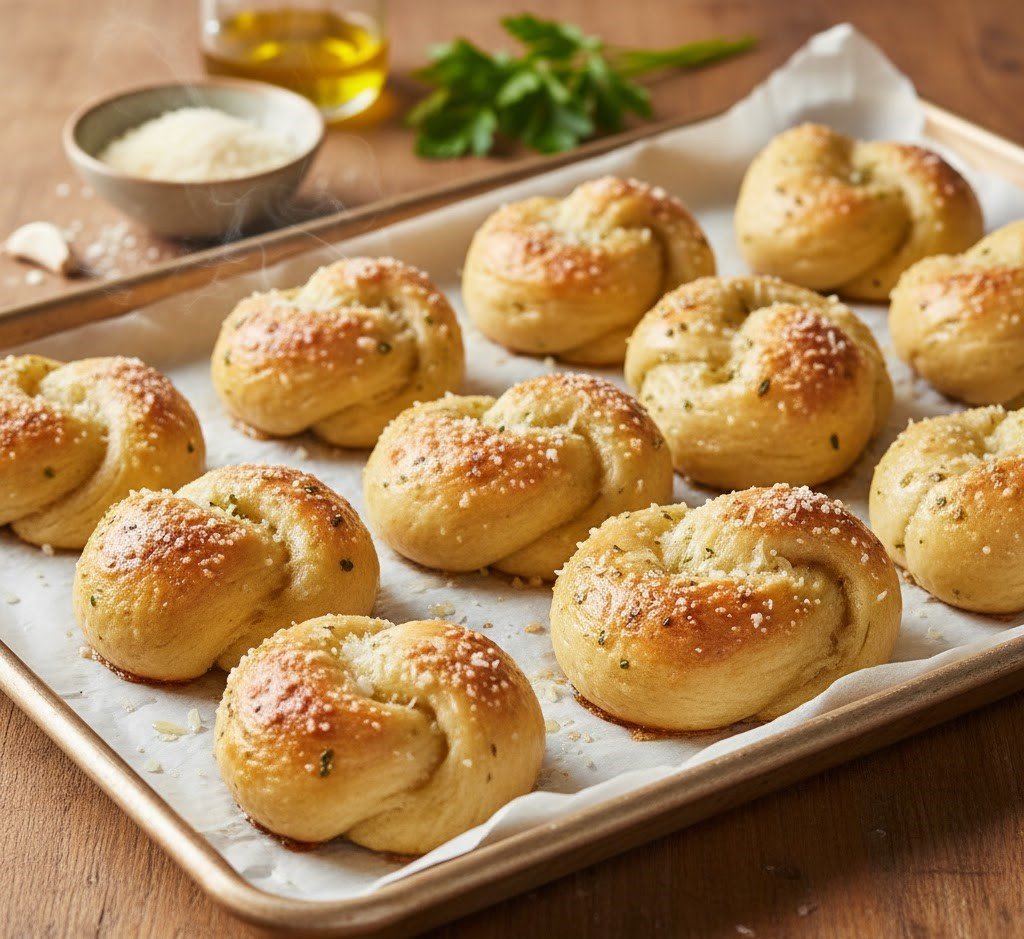 Soft garlic parmesan knots brushed with butter, garlic, and herbs, baked golden brown