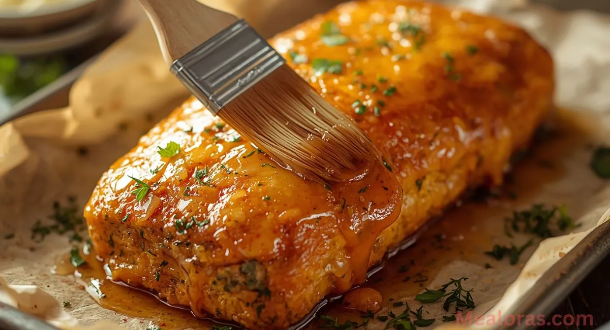 Brushing garlic Parmesan glaze over cooked chicken meatloaf to create a golden cheesy crust