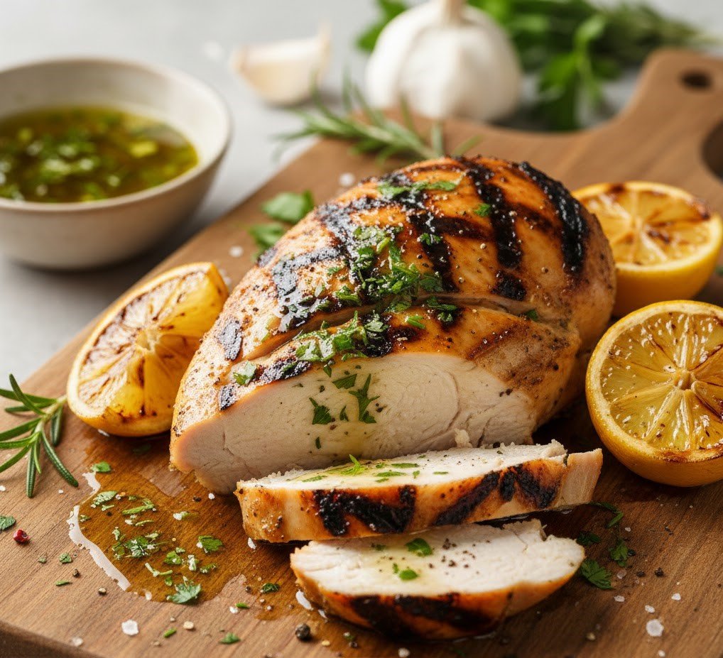 Juicy grilled chicken breasts marinated with lemon, garlic, and fresh herbs