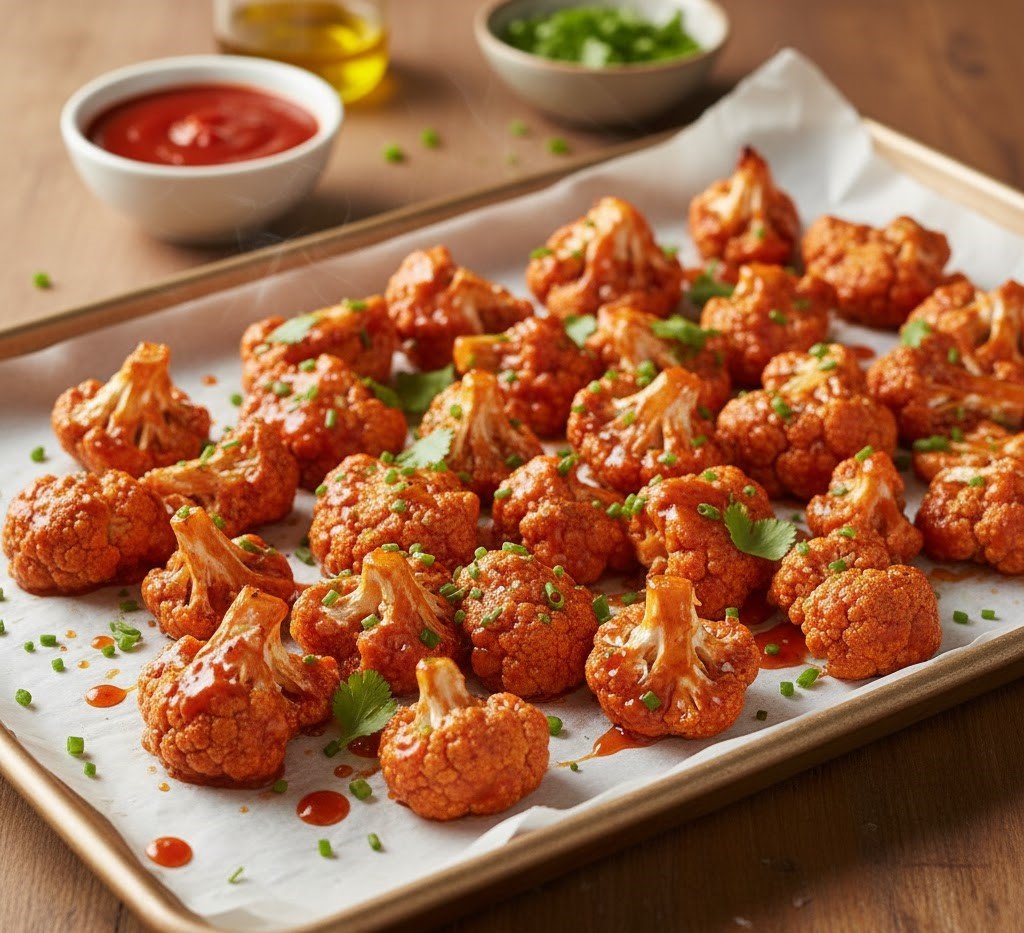 Crispy baked cauliflower bites coated in a sweet and spicy honey sriracha glaze