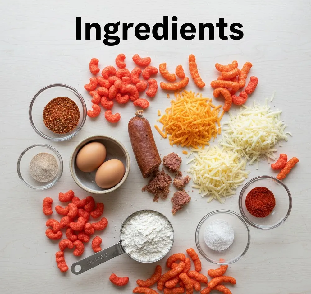 Ingredients for Hot Cheetos Boudin Balls including boudin sausage, cheeses, eggs, flour, and crushed Cheetos