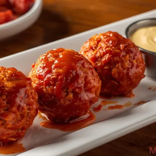 Crispy Hot Cheetos Boudin Balls on a serving plate with dipping sauce