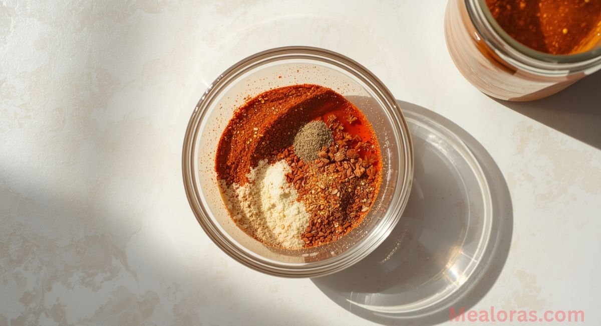 Step-by-step preparation of homemade chili seasoning in a mixing bowl