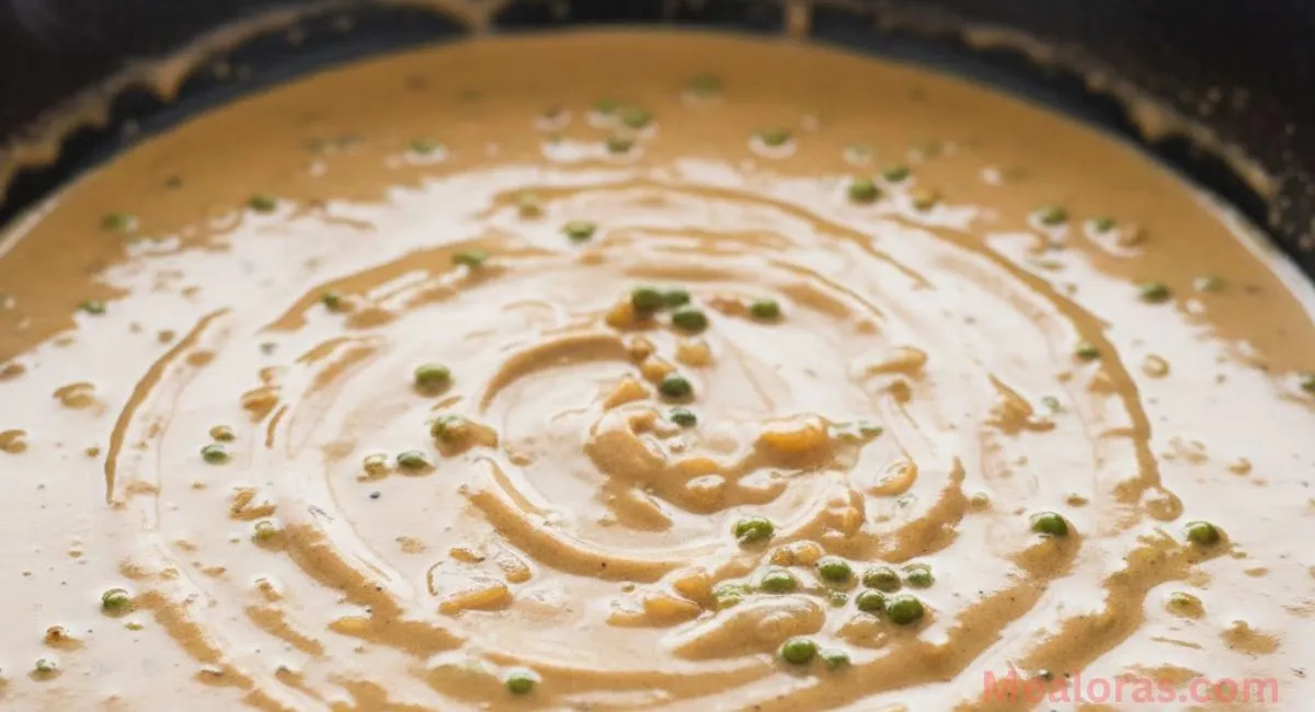 Creamy peppercorn sauce cooking in the same pan used for steak with sautéed shallots and green peppercorns