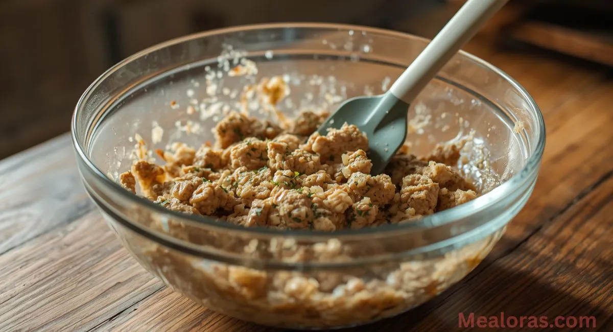 Mixing ground chicken, Parmesan, breadcrumbs, eggs, and spices for garlic Parmesan chicken meatloaf in a bowl
