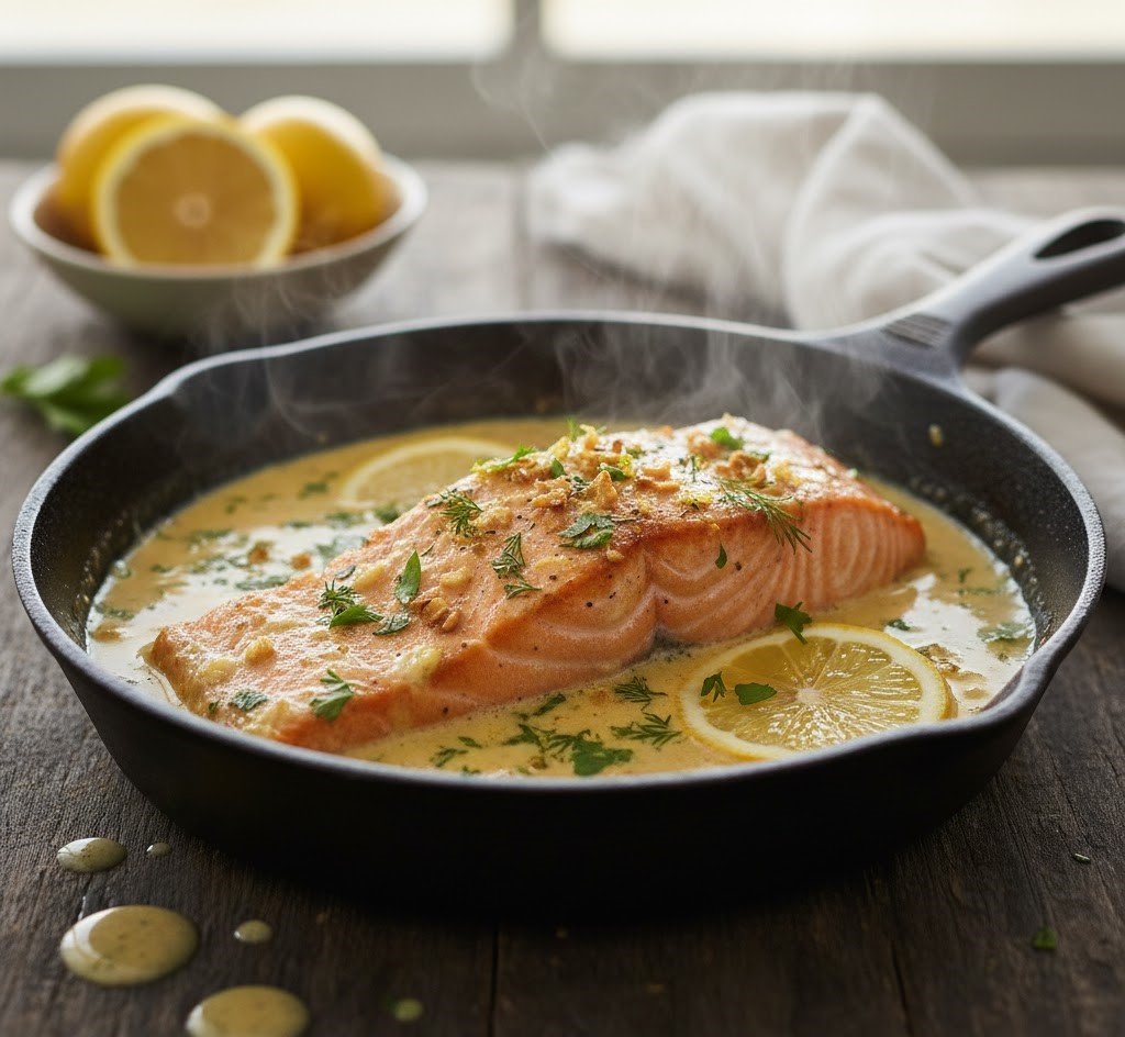 One-pan seared salmon in a creamy garlic butter sauce with fresh herbs