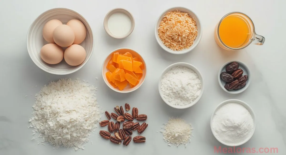 Ingredients for Brenda Gantt Orange Slice Cake including butter, sugar, eggs, orange slices, dates, pecans, and shredded coconut