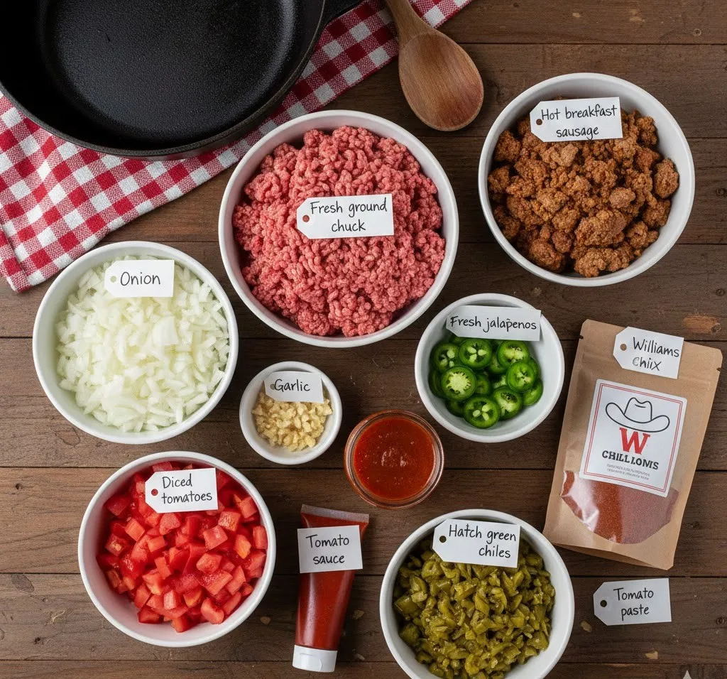 Ingredients for Pepper Belly Pete Chili on a cutting board and bowls