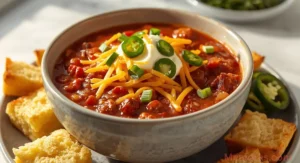 Pepper Belly Pete Chili in a bowl, garnished with cheese and cilantro