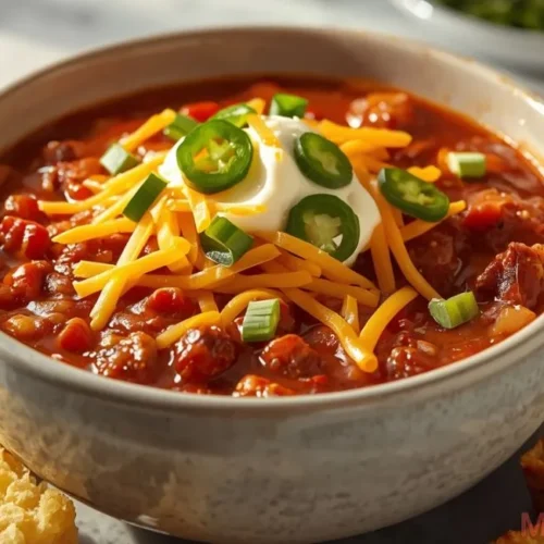 Pepper Belly Pete Chili in a bowl, garnished with cheese and cilantro