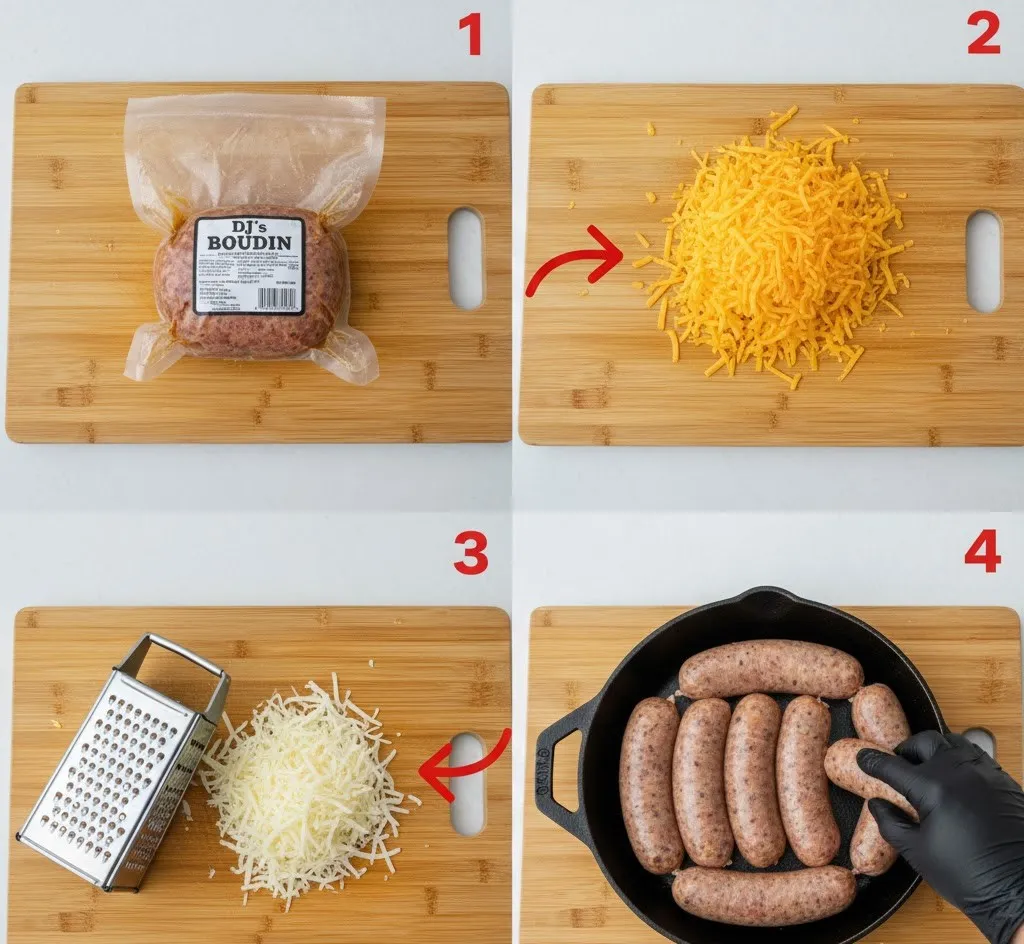 Preparing raw boudin by removing casing and placing sausage in a mixing bowl