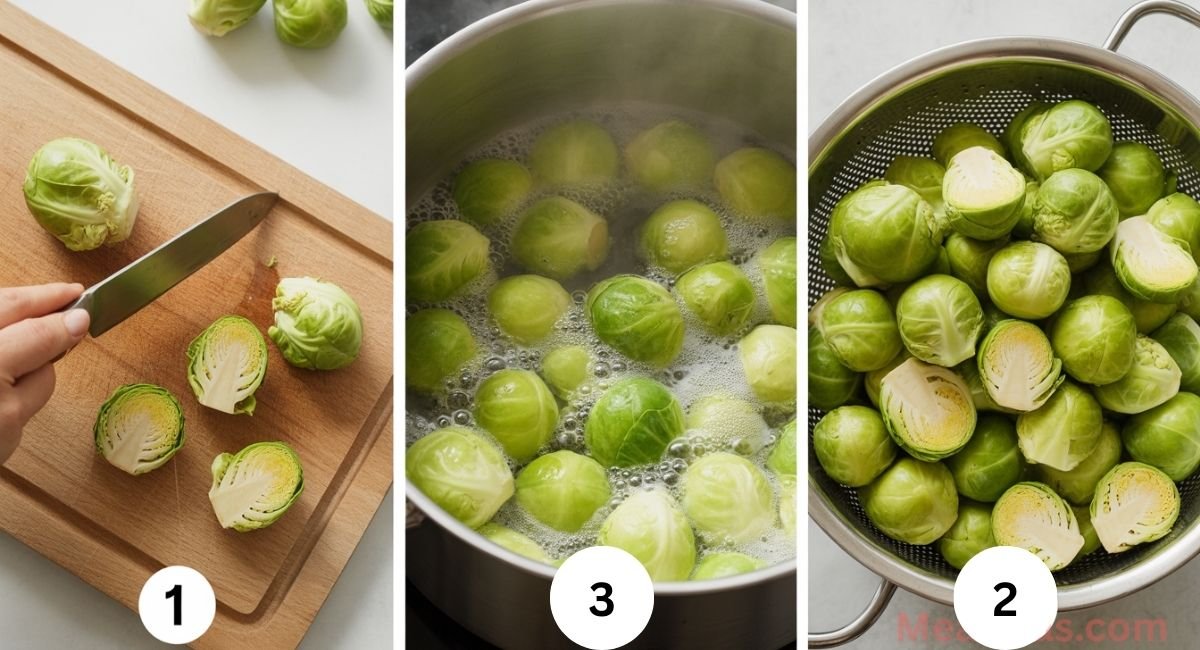 Brussels sprouts being trimmed and halved, boiled in salted water, and steam-dried in a colander before cooking