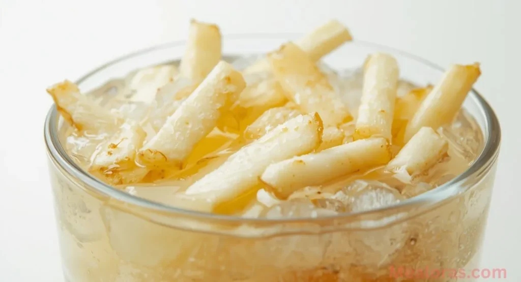 Russet potatoes cut for French fries, soaking in ice water before frying