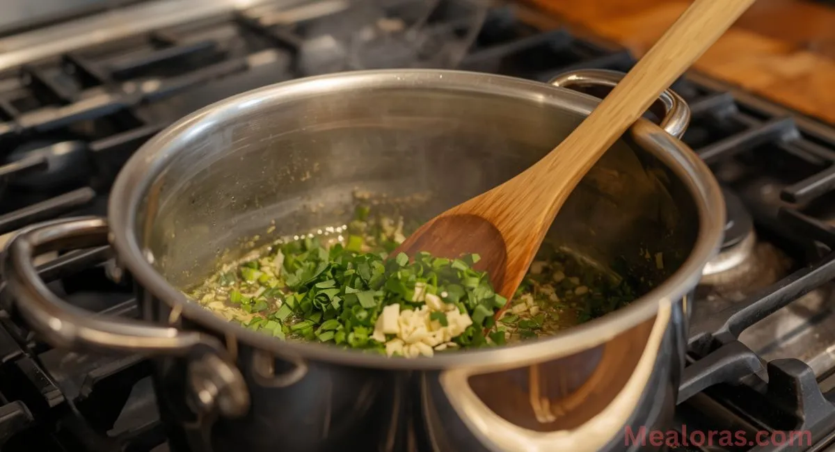 Melting butter and sautéing garlic to prepare Parmesan glaze for chicken meatloaf