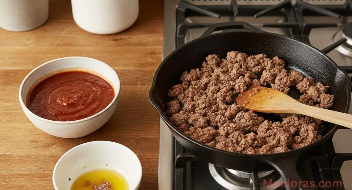 Sloppy joe sauce mixed in a measuring cup, ground beef browning in a skillet, and excess fat being drained