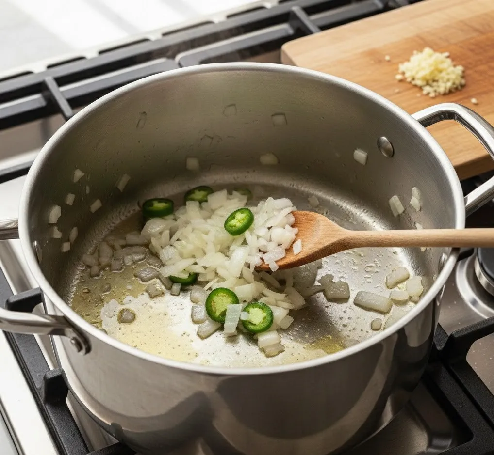 Sautéing diced onion, jalapeño, and garlic in olive oil for Bojangles pinto beans