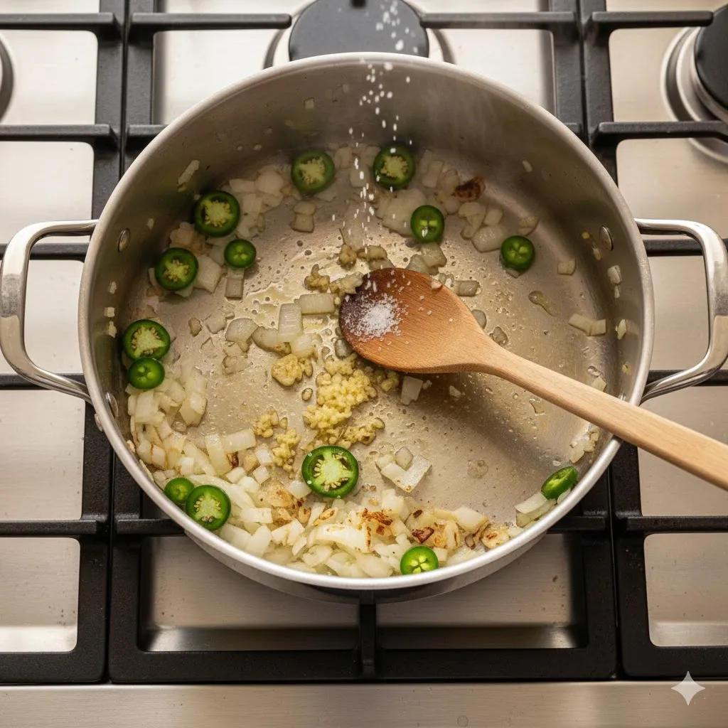 Sautéing diced onions, jalapeños, and garlic in a large pot