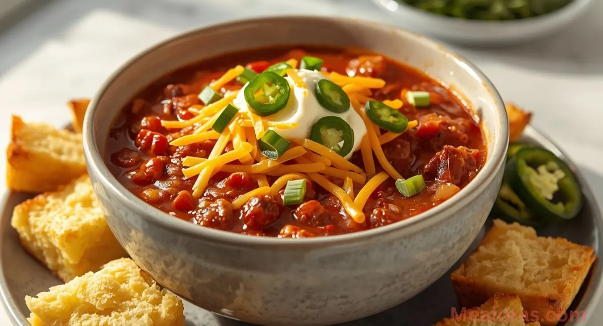 Served Pepper Belly Pete Chili topped with cheese, sour cream, and cilantro